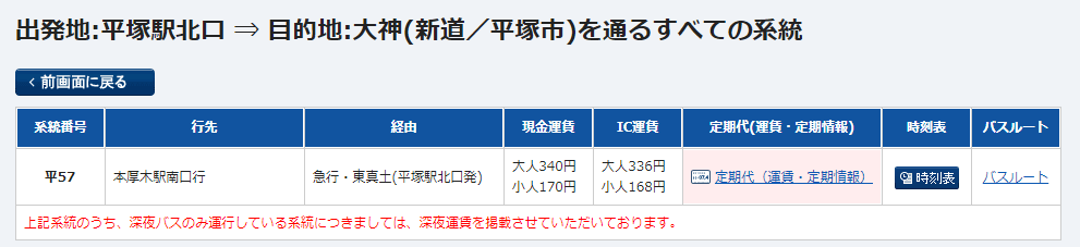 ジアウトレット湘南平塚 バス料金
