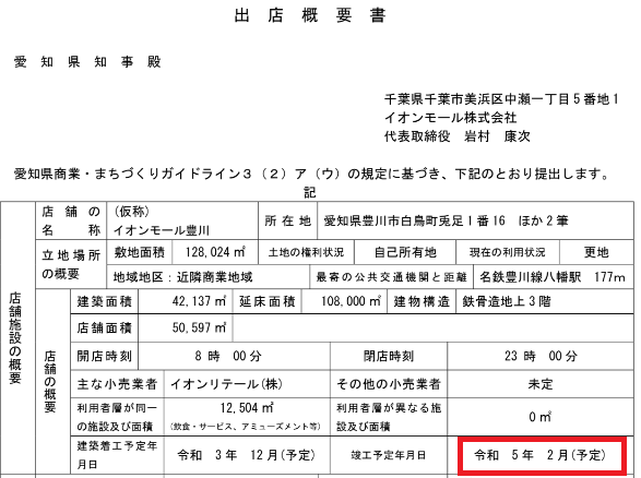 イオンモール豊川　オープン予定日